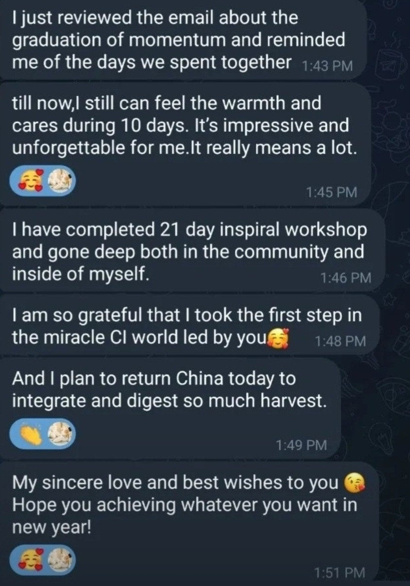 Message from a student thanking Aalia after a 21-day workshop