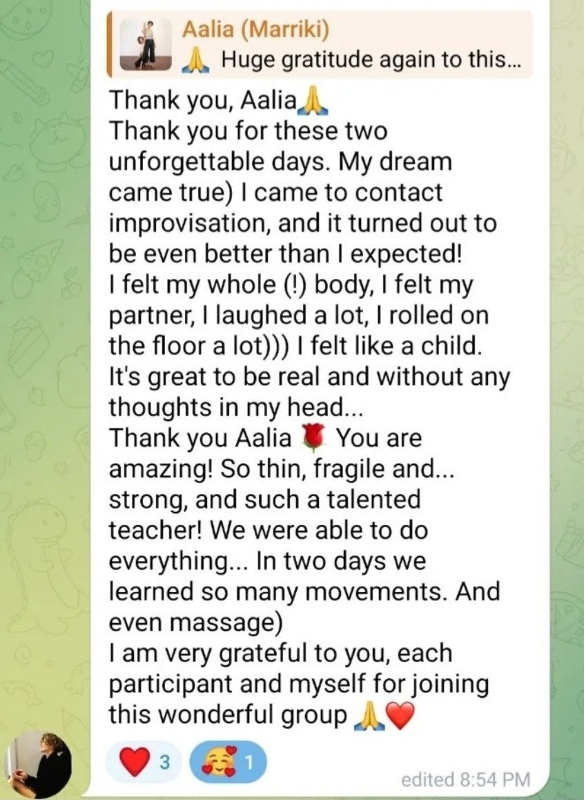 Message from a student describing two unforgettable days of contact